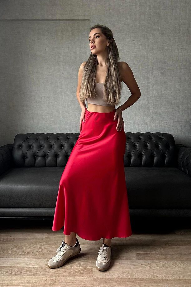 Mohinto Saten Balık Midi Etek Kırmızı - 8