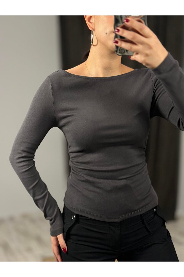 Drawstring Boat Neck Top-Anthracite - 1