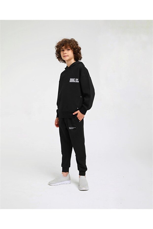 04-14 Years Old Boy's Black Color Mesh Detailed Hooded Tracksuit Set
