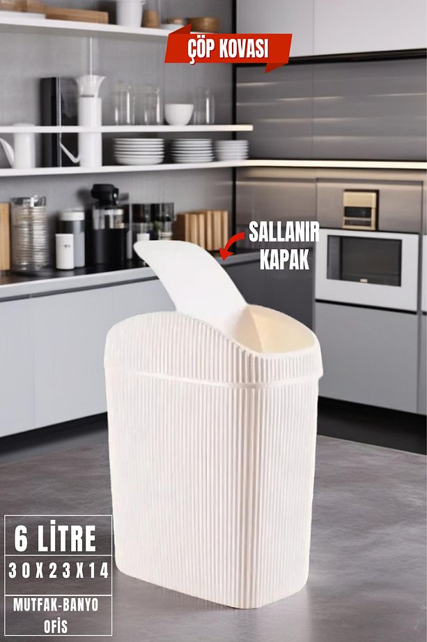 6 Lt Çöp Kovası, Mutfak, Banyo, Tuvalet, Ofis Çöp Kutusu Krem - 1