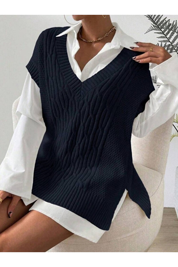 Knitted Detail 75 cm Long Women's Sweater