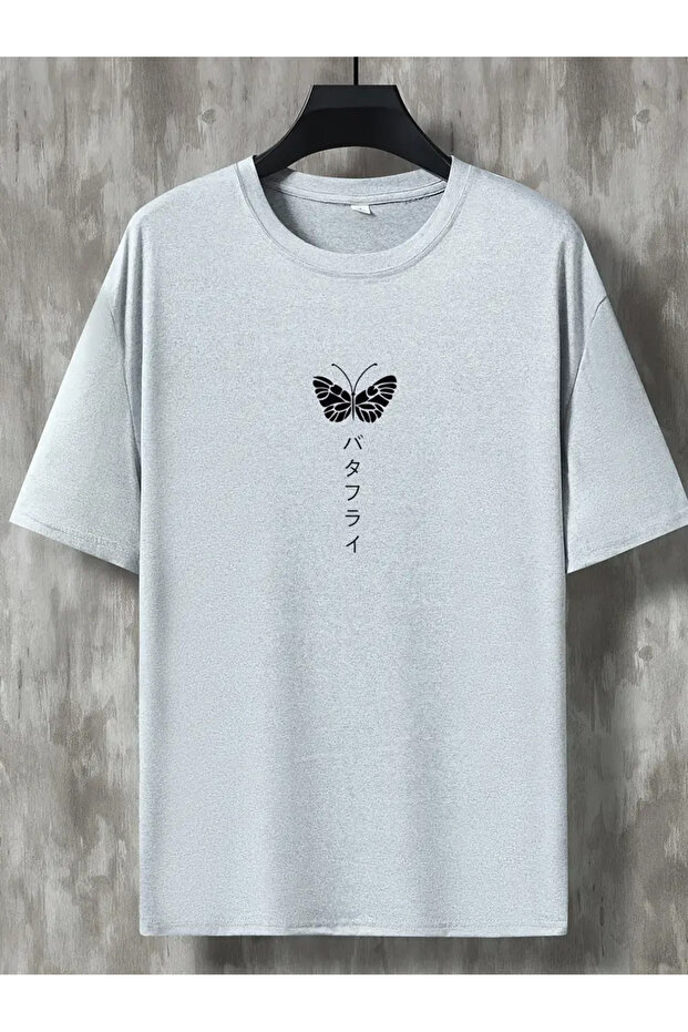 Butterfly Chinese Text Printed Oversize Unisex Crew Neck T-Shirt