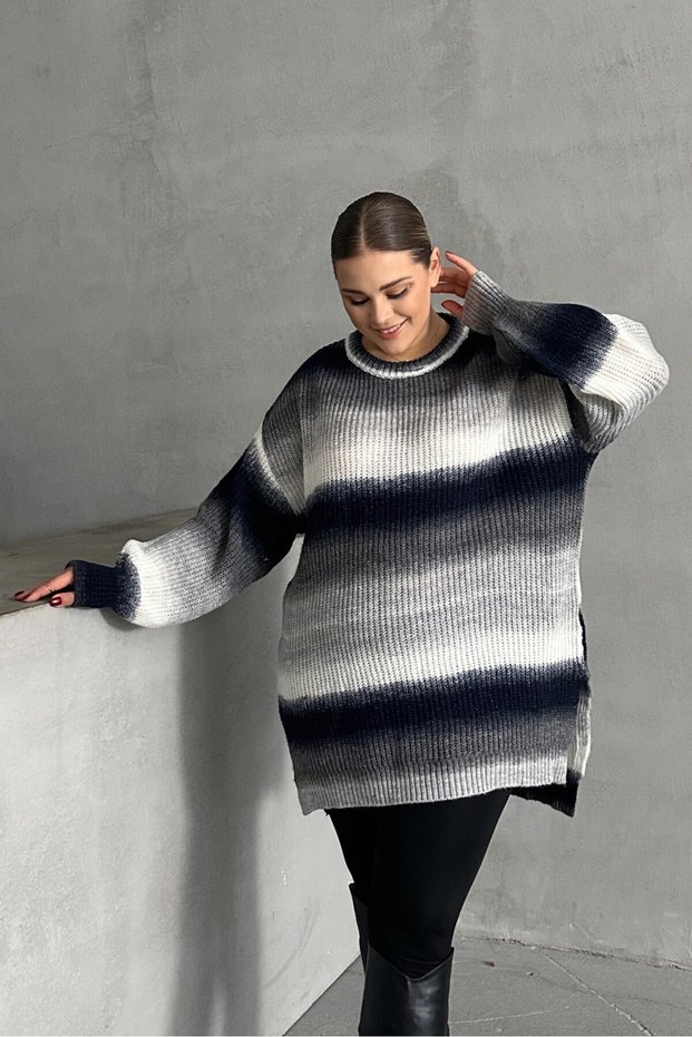 Plus Size Long Sleeve Crew Neck Color Block Slit Knitwear Sweater 302345