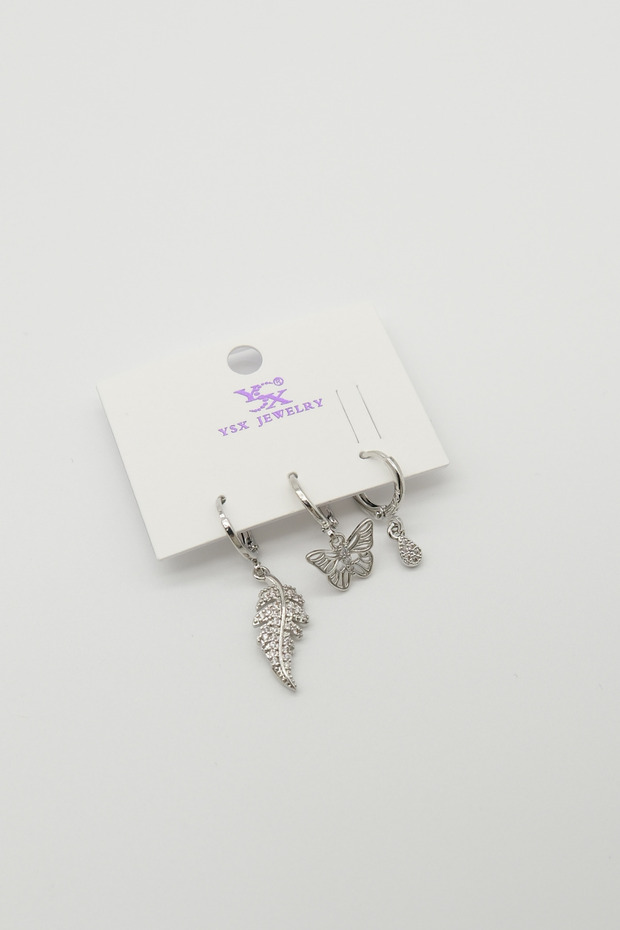Silver Color Leaf Butterfly and Stone Figure Pendant Earrings