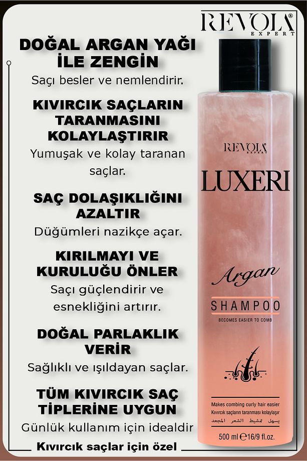 Luxeri Argan Şampuan - Kıvırcık Saçlar için Kolay Tarama ve Doğal Parlaklık Sağlayan Formül 500 ml - 2