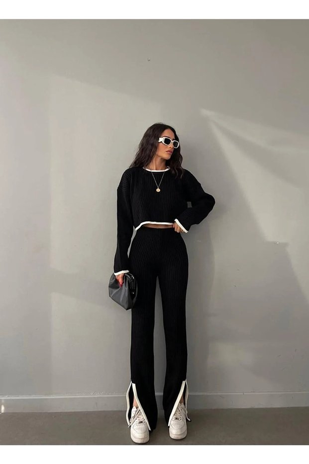 Black Oversized Slit Detail Crew Neck Knit Top and Bottom Set