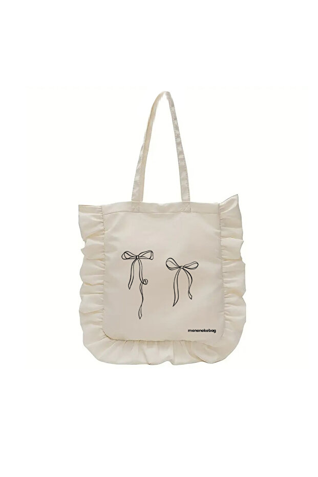 Fabric Bag with Bow Pattern and Ruffle Details