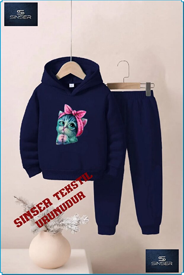 Hooded Children's "Cute Cat" Printed Tracksuit Set