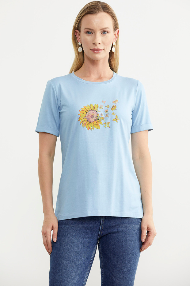 Baskılı Basic Penye Tişört - Mavi - 1