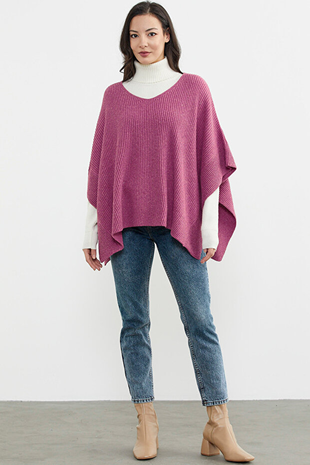 Loose Cut V-Neck Knitwear Poncho - Rose