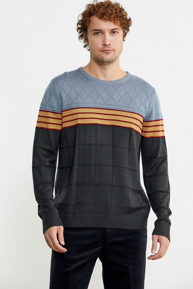 Anthracite Block Patterned Crew Neck Sweater - 1