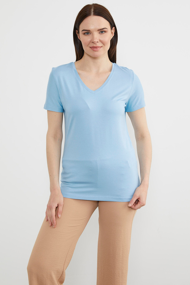 V Yaka Dökümlü Basic Tişört - Mavi - 1
