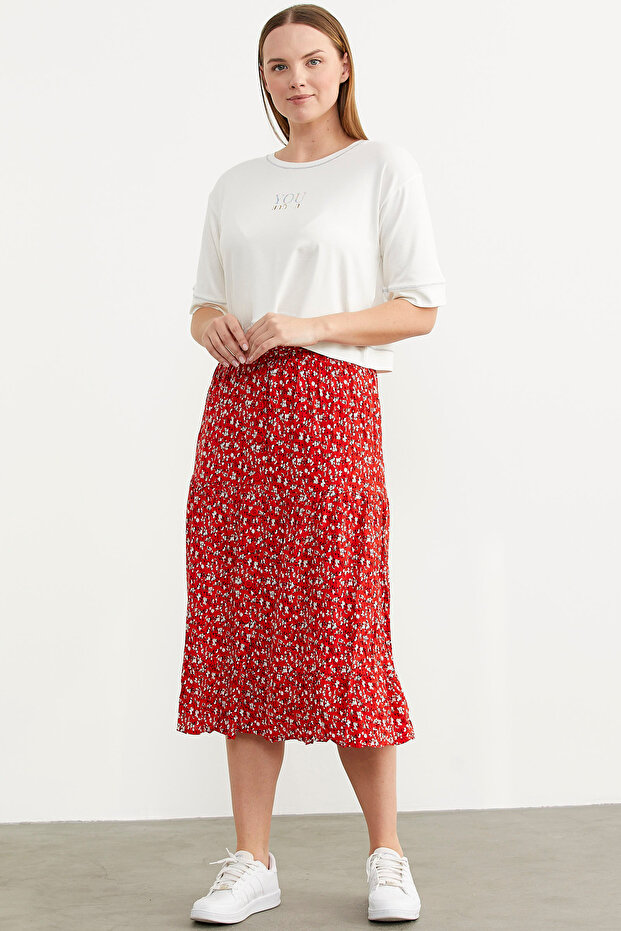 Elastic Front Buttoned Patterned Skirt - Red - 2