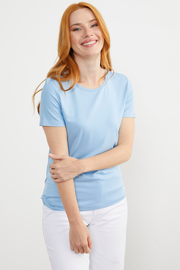 Sıfır Yaka Kısa Kol Basic Tişört - Mavi - 4