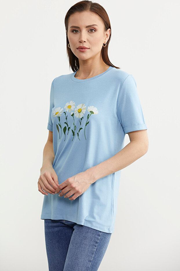 Μπλε Basic T-Shirt - Daisy Printed - 3