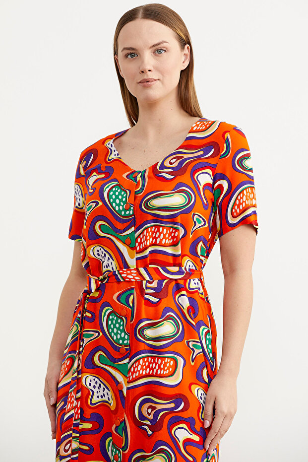 فستان فيسكوز منقوش بأزرار أمامية - برتقالي - 5