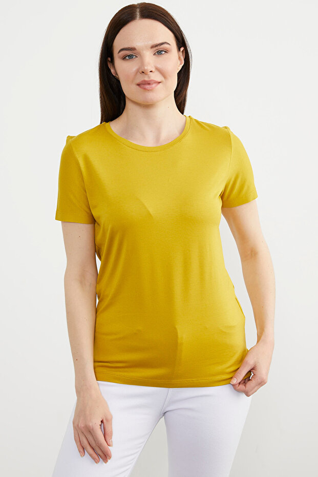 Sıfır Yaka Kısa Kol Basic Tişört - Hardal - 1