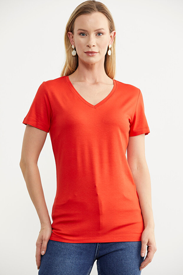 V Yaka  Dökümlü Basic Tişört - Mercan - 1