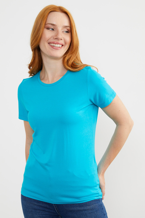 تي شيرت أساسي بأكمام قصيرة ورقبة دائرية - تركواز - 3