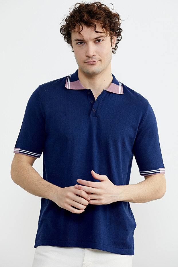 Polo Neck Short Sleeve Knitwear T-Shirt - Navy Blue