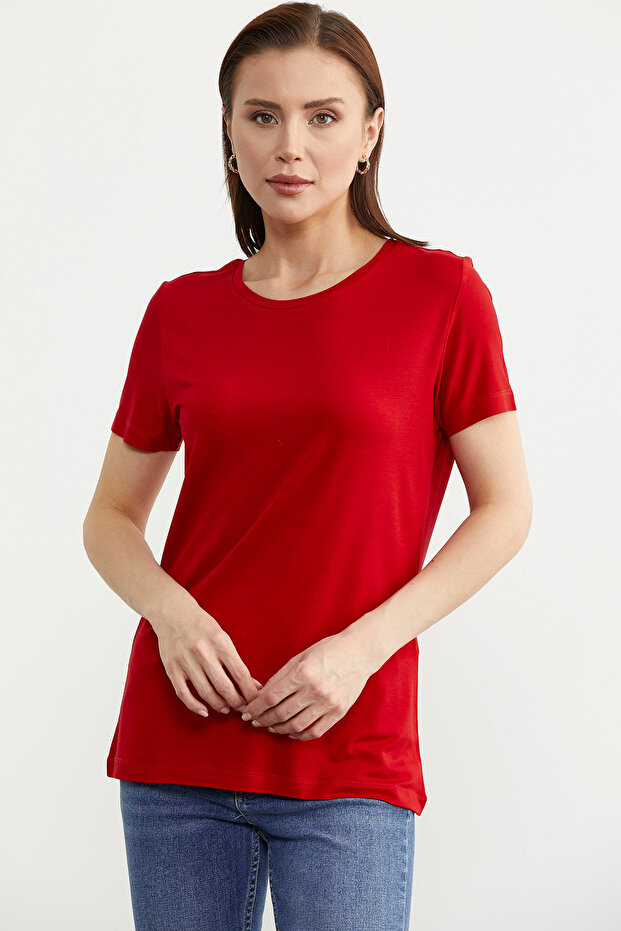 Sıfır Yaka Kısa Kol Basic Tişört - Kırmızı - 2