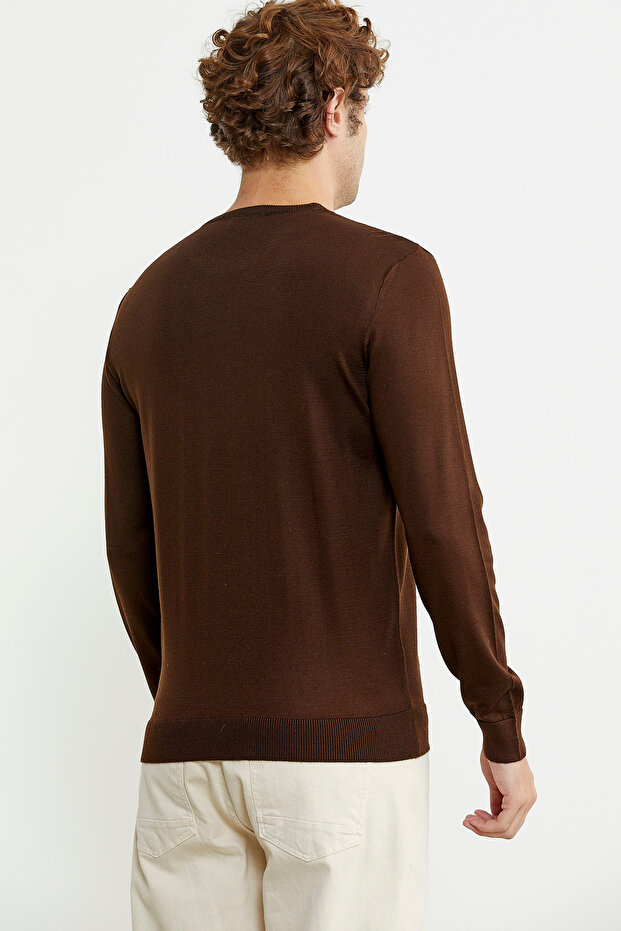 Erkek Sıfır Yaka Basic Triko Kazak - Kahve - 5