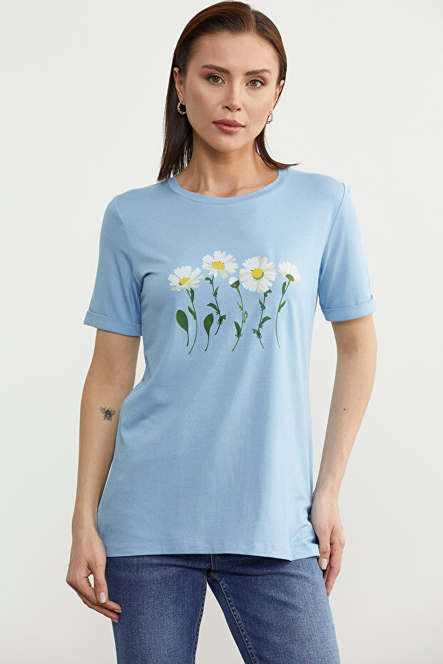 Μπλε Basic T-Shirt - Daisy Printed - 4