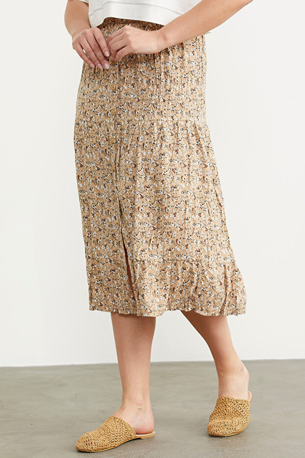 تنورة منقوشة بأزرار أمامية مرنة - بني - 5