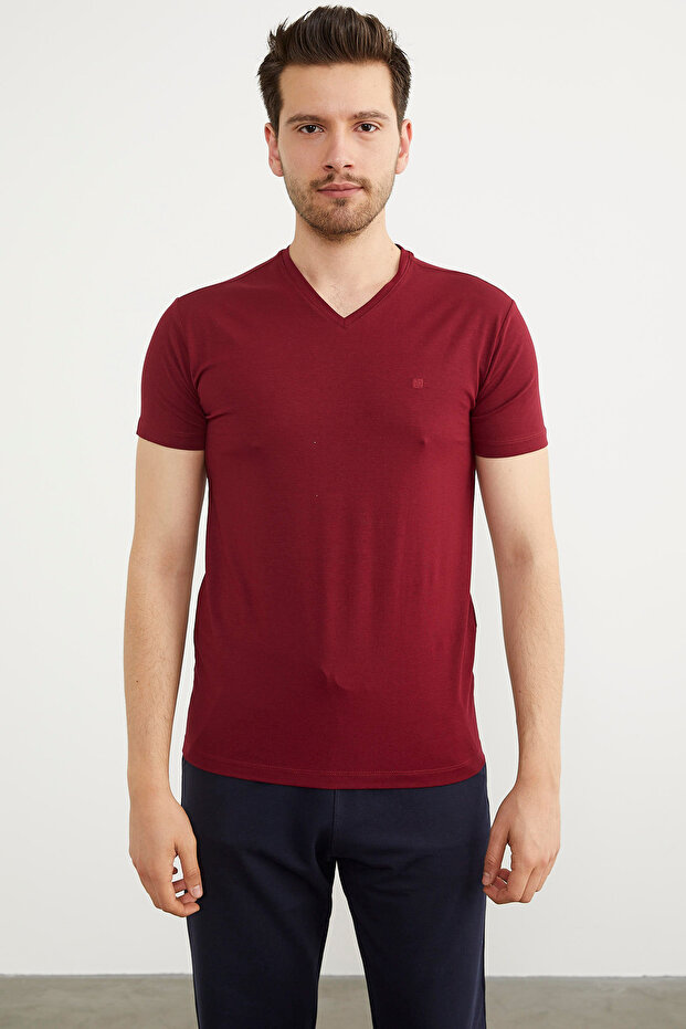 V Yaka Basic Kısa Kol Tişört - Bordo - 1