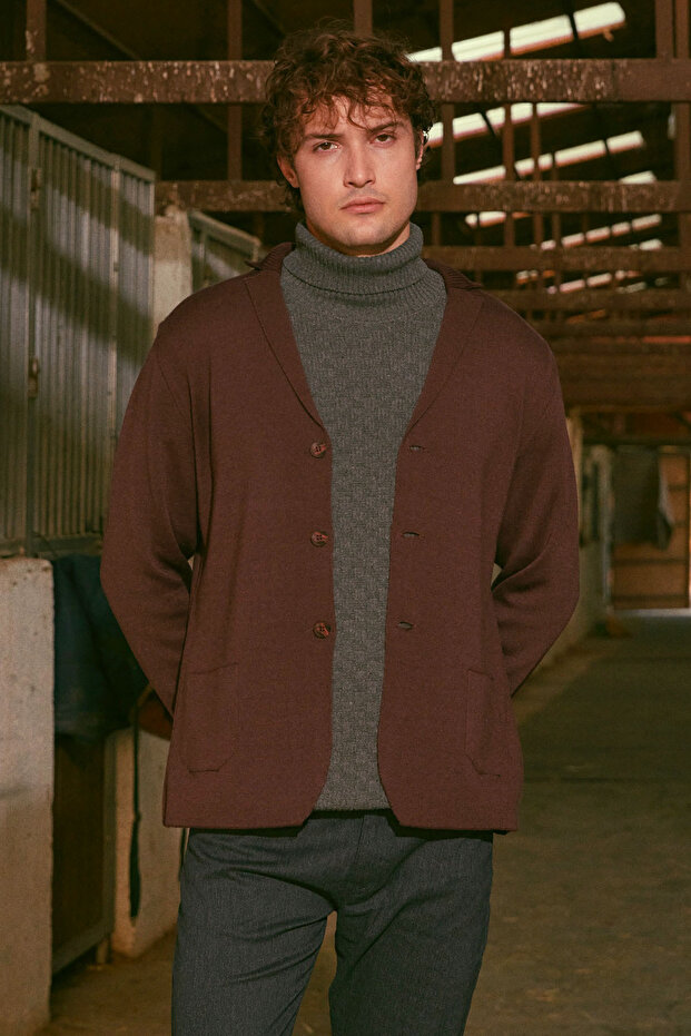 Classic Pocket Detailed Knitwear Jacket - Claret Red