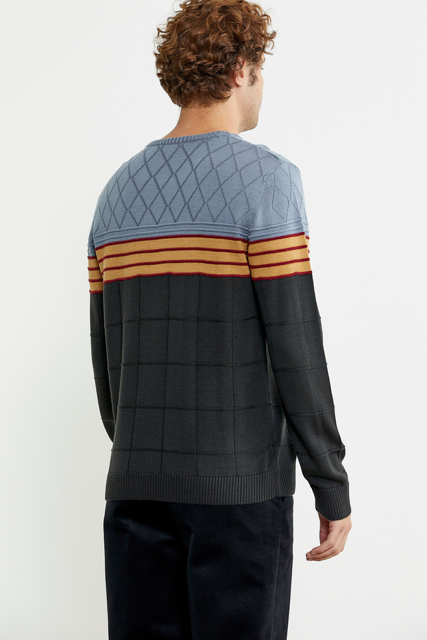 Anthracite Block Patterned Crew Neck Sweater - 5