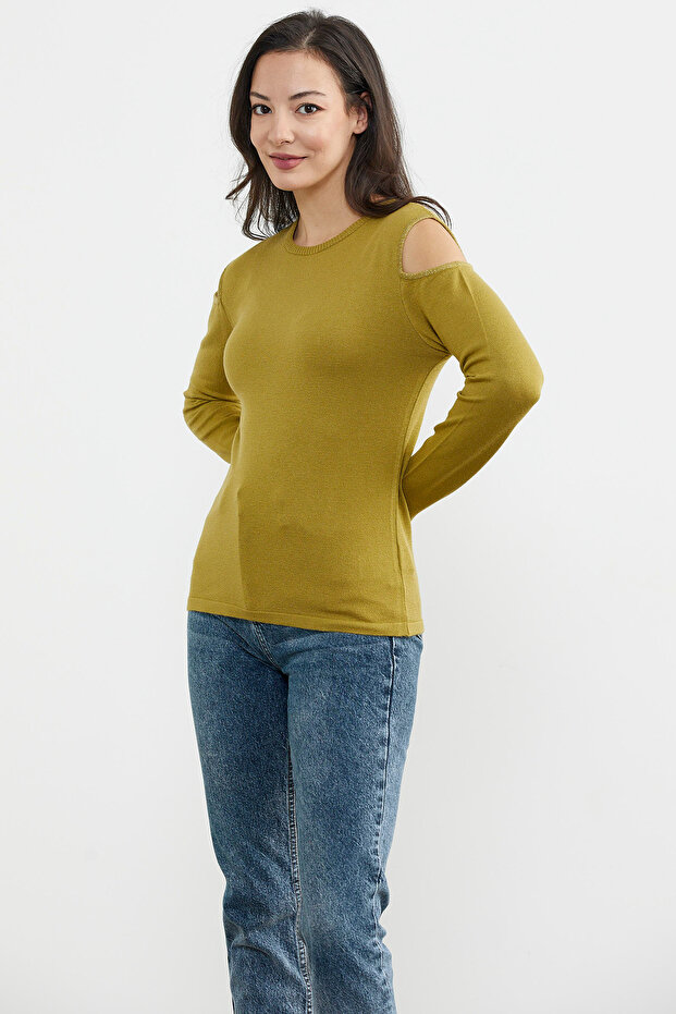 Omuzları Açık Basic Triko Kazak - Yeşil - 3