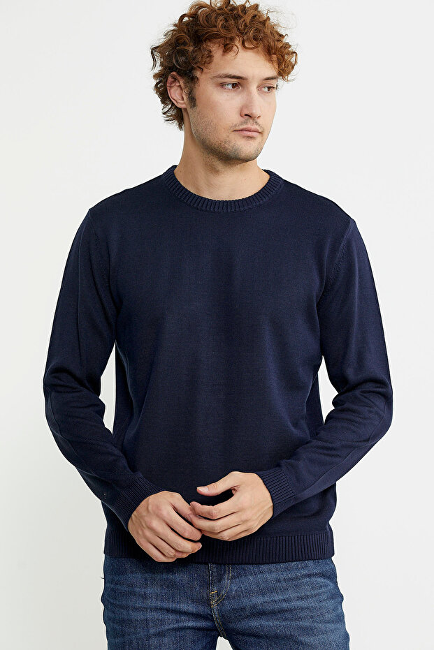 Sıfır Yaka Basic Triko Kazak - Lacivert - 4