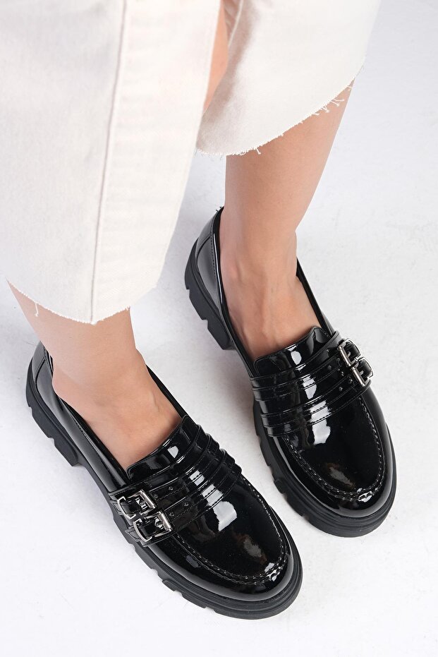 Gaby Black Color Thick Soled Women's Loafer Shoes