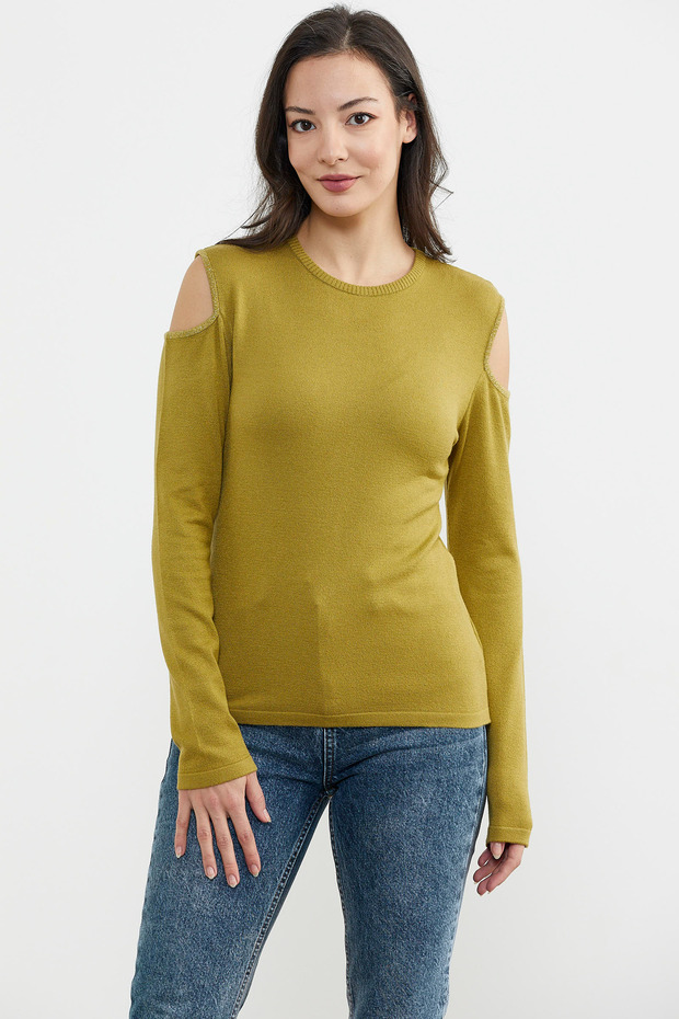 Omuzları Açık Basic Triko Kazak - Yeşil - 2