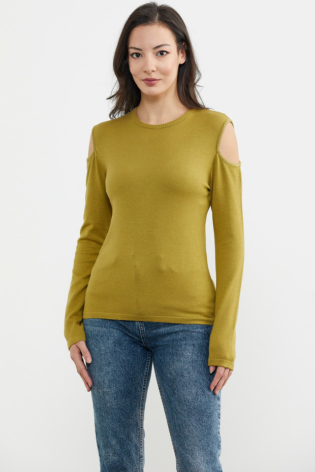 Omuzları Açık Basic Triko Kazak - Yeşil - 1