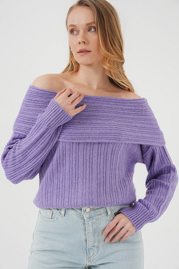 15908 Kadın Açık Omuz Oversize Triko Kazak - Lila - 5