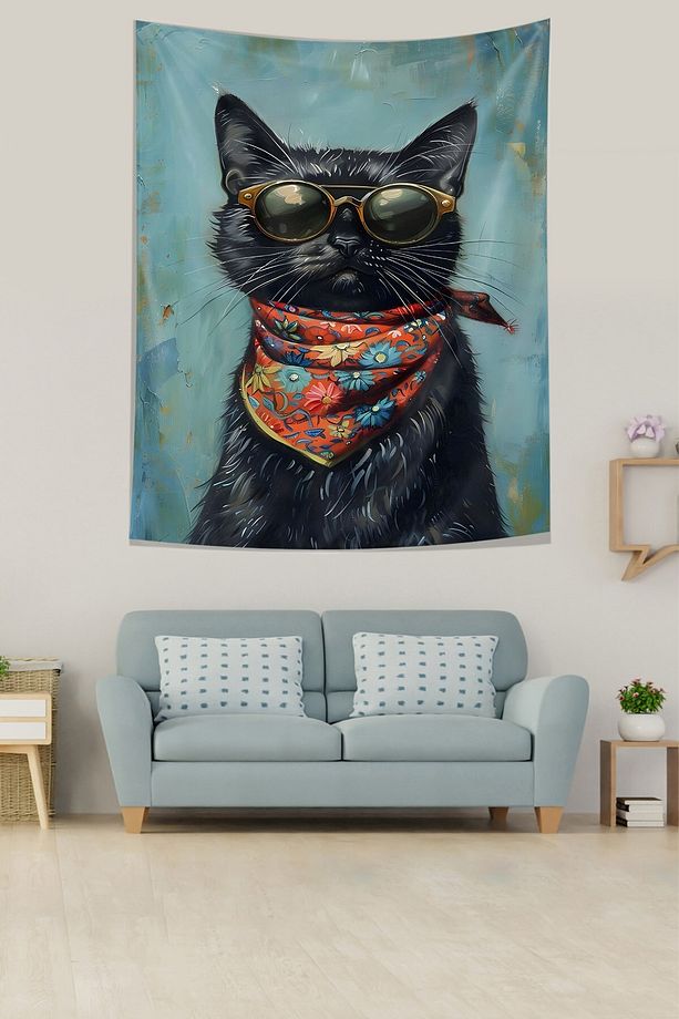 Retro Sanatsal Entelektüel Kedi Kediler İyileştirir Leke Tutmaz Duvar Örtüsü Duvar Halısı Tapestry - 3