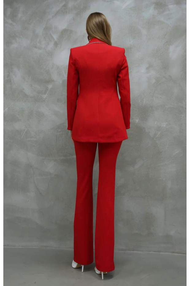 Klasyczny czerwony komplet kurtka i spodnie - srebrne detale - 5