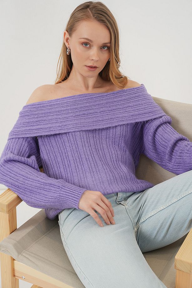 15908 Kadın Açık Omuz Oversize Triko Kazak - Lila - 4
