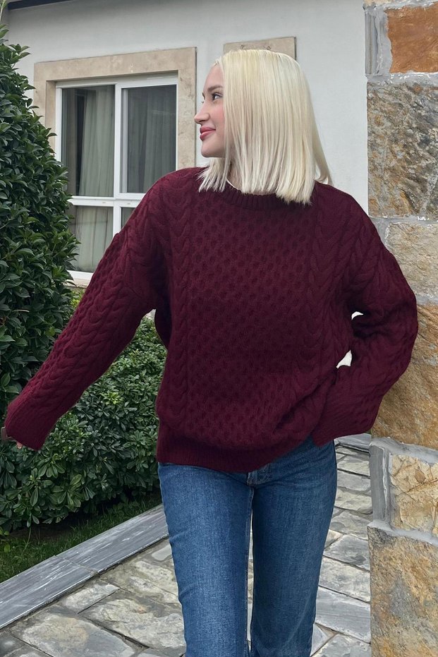 Burgundy Crew Neck Knitted Knitwear Sweater Mg2262