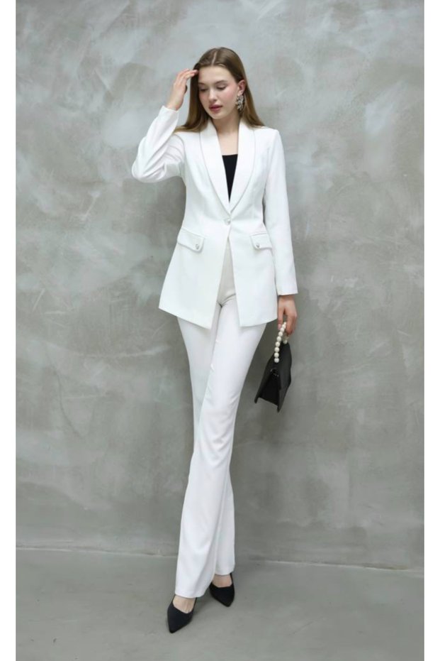 Women's Silver Detailed Classic Jacket and Trousers Set White