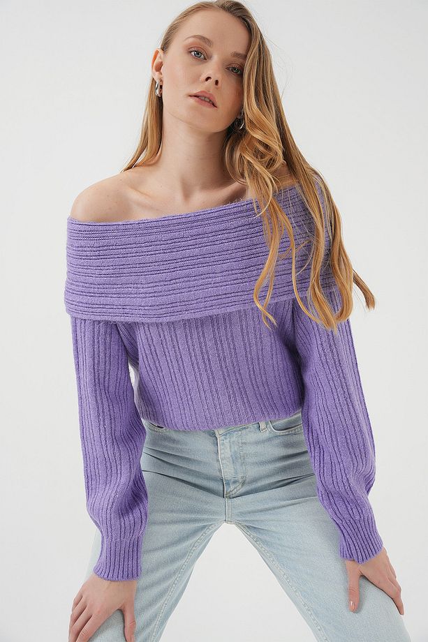 15908 Kadın Açık Omuz Oversize Triko Kazak - Lila - 3