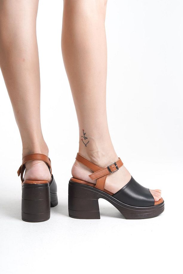 Hakiki Deri Siyah Taba 10 Cm Platform Ortopedik Tek Bant Kadın Sandalet - 5
