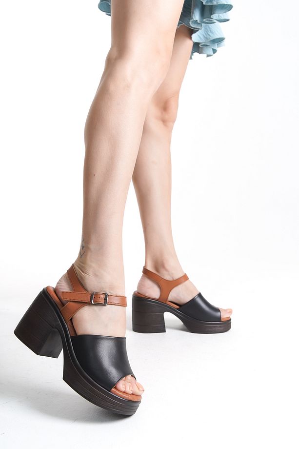 Hakiki Deri Siyah Taba 10 Cm Platform Ortopedik Tek Bant Kadın Sandalet - 6