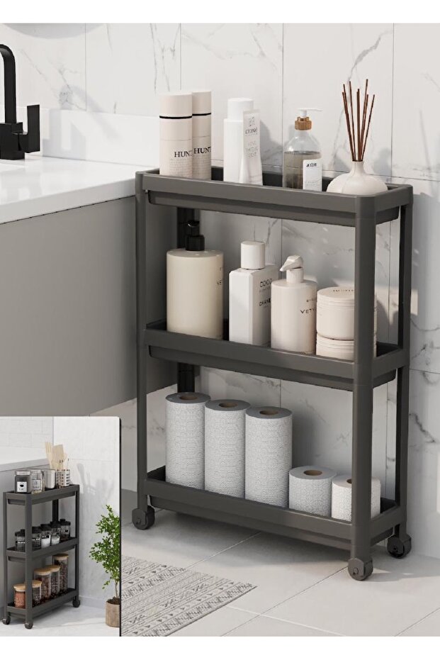 Slim Black 3-Tier Kitchen and Bathroom Shelf with Wheels Tiered Organizer - Narrow Space Spice Rack Towel Holder