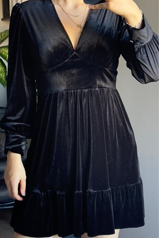 Kadife Mini Elbise -Siyah - 2