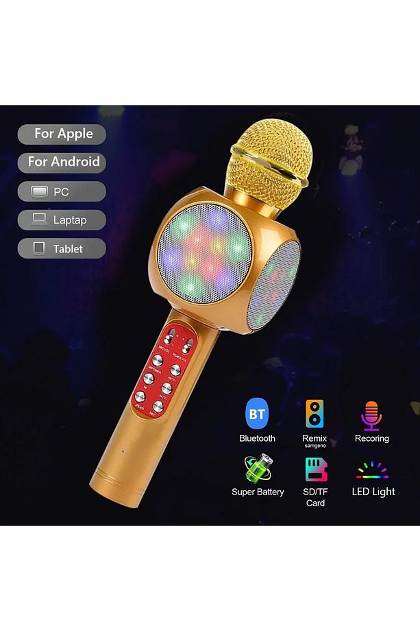 Karaoke Mikrofon , Bluetooth Özellikli Çocuk Mikrofonu Karaoke Işıklı Mikrofon 1816 Gold - 2
