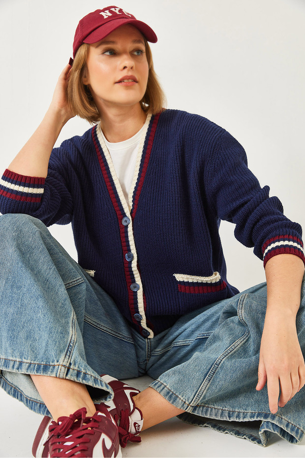 Women's Navy Blue Striped Thessaloniki Knitted Cardigan 20246948