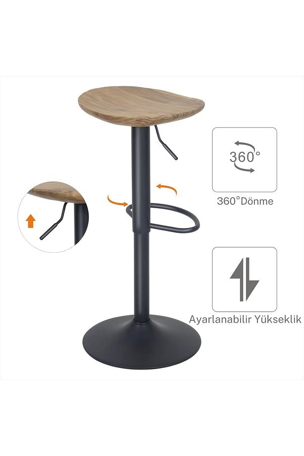 Ahşap Döner Mutfak Taburesi 2'li Set Ayarlanabilir, Vintage Stil - 3